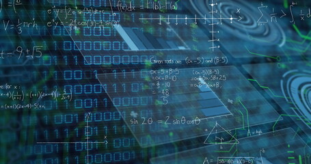 Translucent blue panel floating in virtual 3D data grid, with binary digits and equations