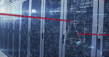 Displaying server racks emitting blinking LED lights in data center corridor, with code overlay