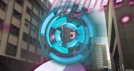 Hovering circular blue HUD overlay in office building canyon, showing math equations and pink text