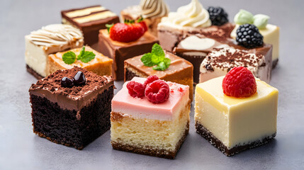Assorted cube cakes with various flavors and frostings on gray background