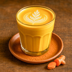 Traditional Indian Turmeric Latte in Glass with Root