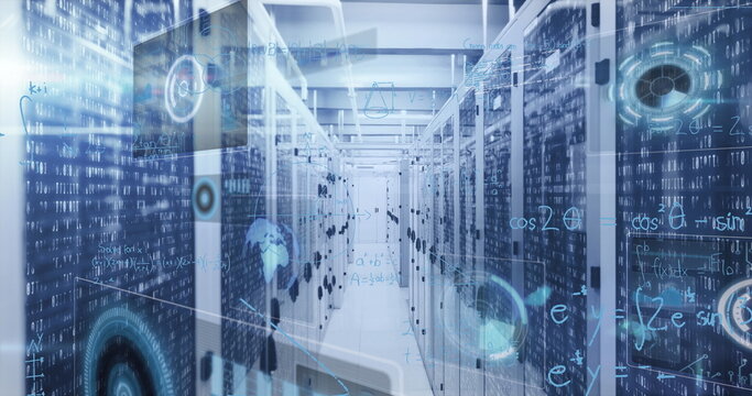 Streaming digital data through server corridor in data center, with server racks flashing LEDs