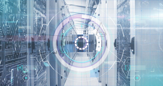 Showcasing data center aisle featuring tall server racks and cable trays, with holographic overlay