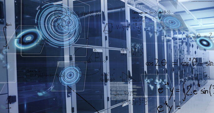 Displaying glass server racks reflecting LED lights in data center hallway, holographic overlays