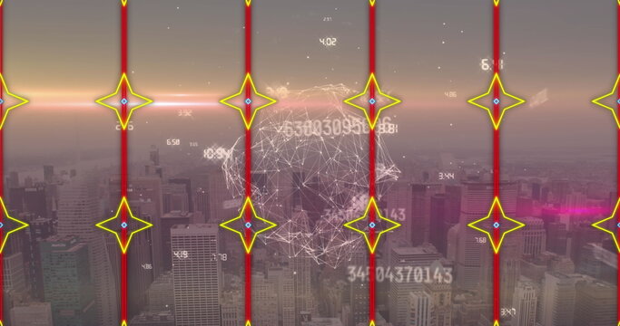 Wireframe globe hovering above skyline at dusk, with numeric data, grid lines, star markers