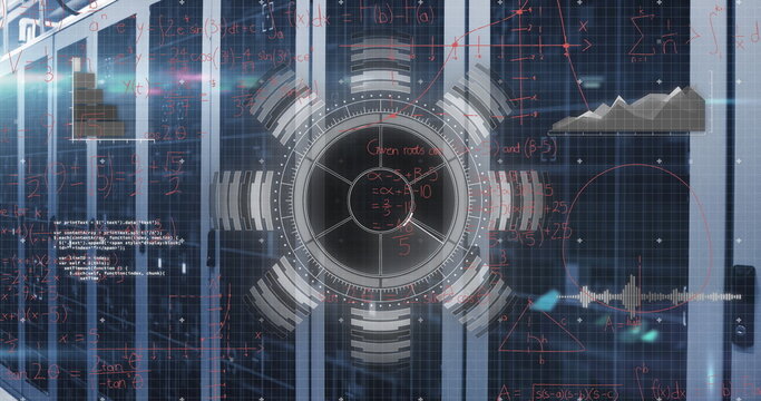 Displaying circular HUD interface overlaying server rack rows with red equations, code snippets