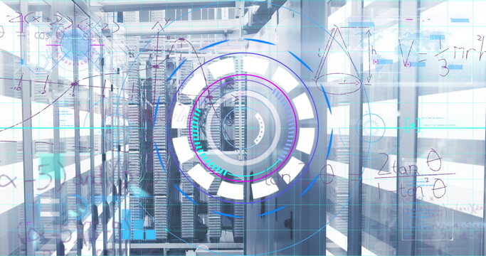 Glowing server cabinets reflecting floor in data center corridor, showing holographic overlays