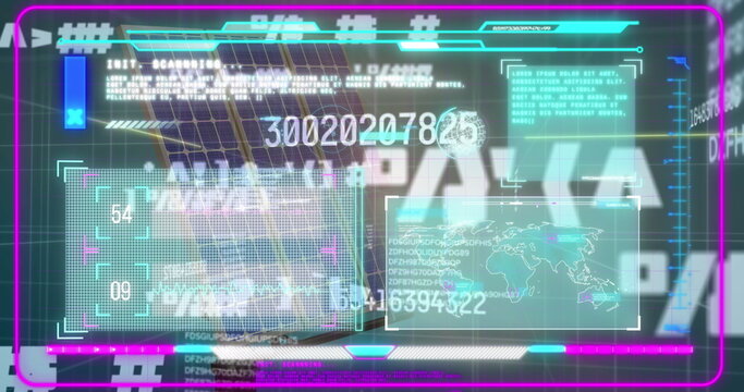 Displaying neon HUD interface floating on world map overlay, with numeric panels and magenta frame - Powered by Adobe