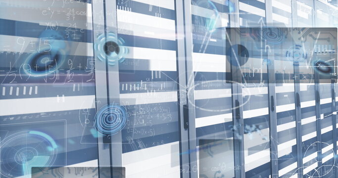 Glowing server cabinets showcasing components in data center hallway, with digital HUD overlays
