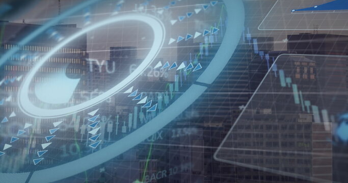 Displaying trading overlay over city skyline with gauge, candlesticks, arrow icons and % labels