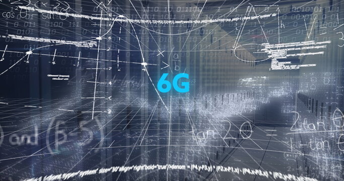Floating cyan 6G symbol in 3D grid environment, with binary digits, formulas and graphs - Powered by Adobe