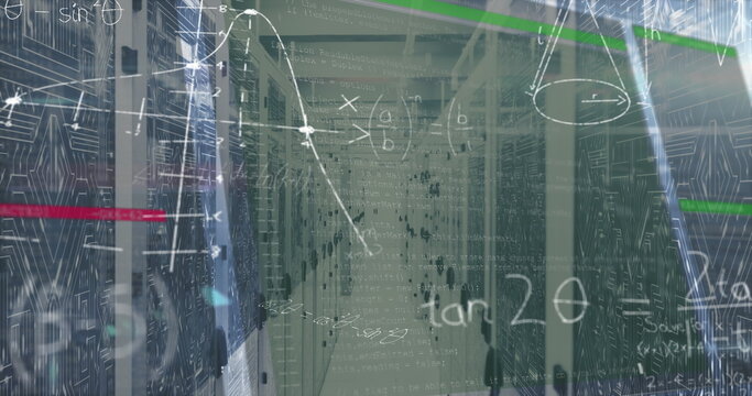 Showing corridor processing data at data center with server racks, math graphs and code overlays - Powered by Adobe