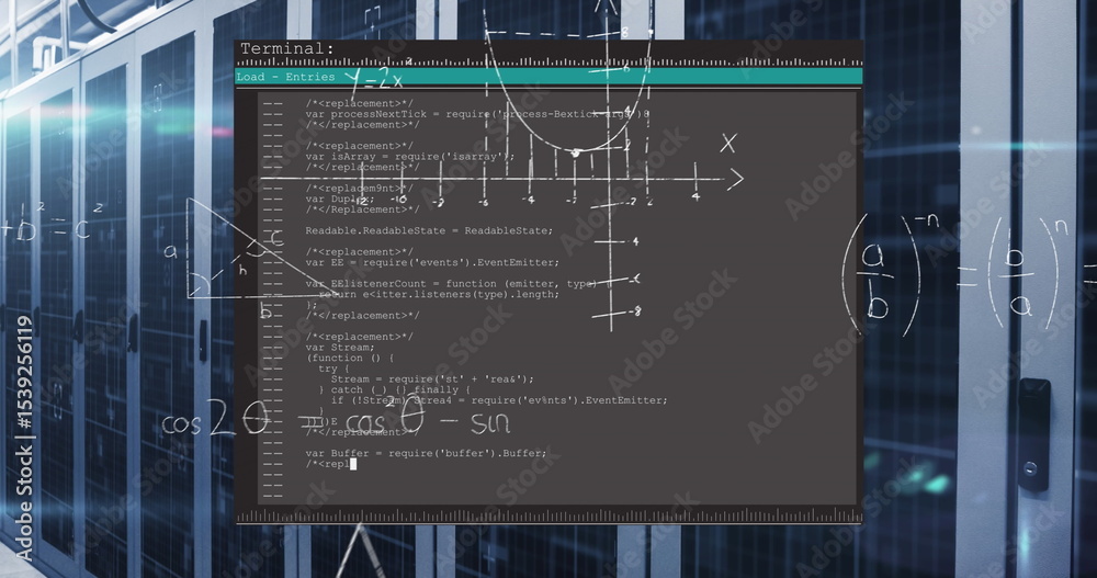 Poster displaying dark terminal window processing code and graph in data center, with racks and formulas