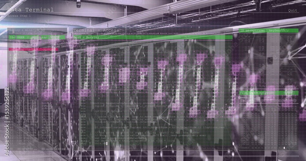 Poster displaying code overlay across server racks lining data center aisle, with glowing status lights