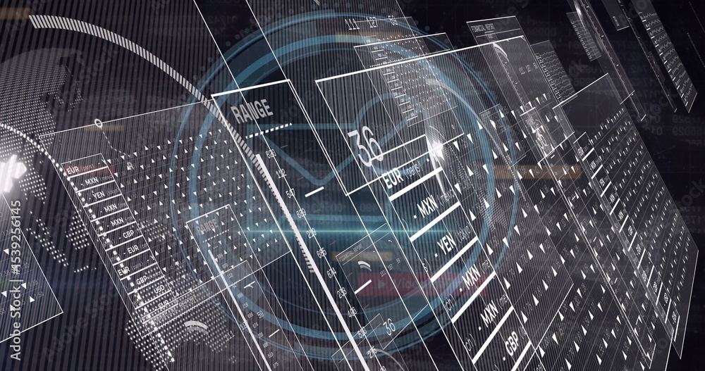 Poster floating translucent 3d panels in digital visualization space, showing currency code readouts