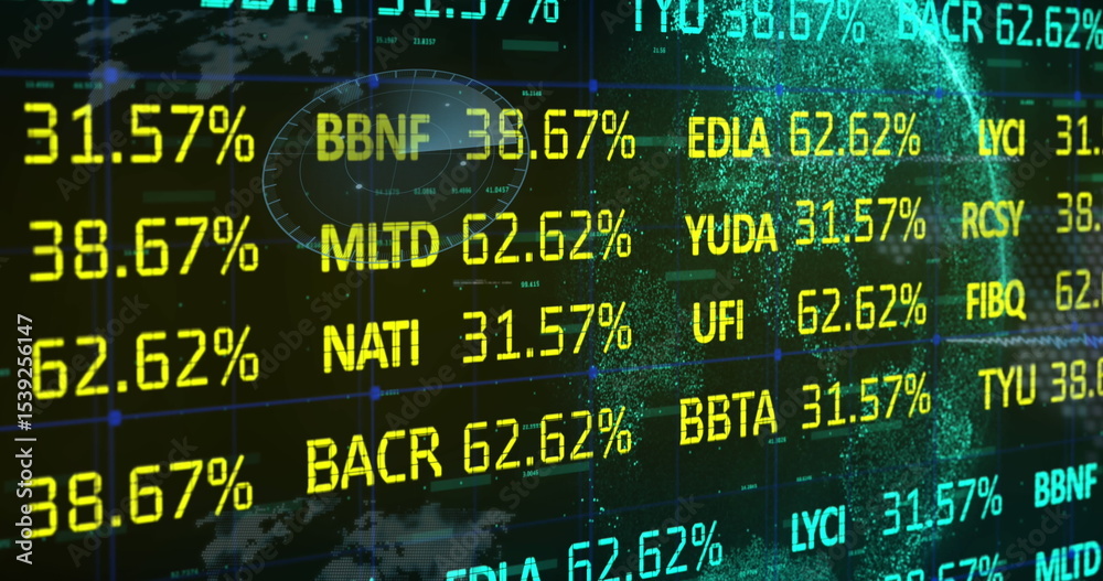 Poster Dashboard displaying ticker codes and percentage values on grid in trading hub, with map and globe