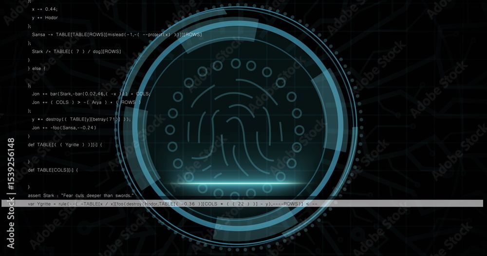 Poster displaying biometric fingerprint graphic on terminal screen, with concentric hud arcs and code