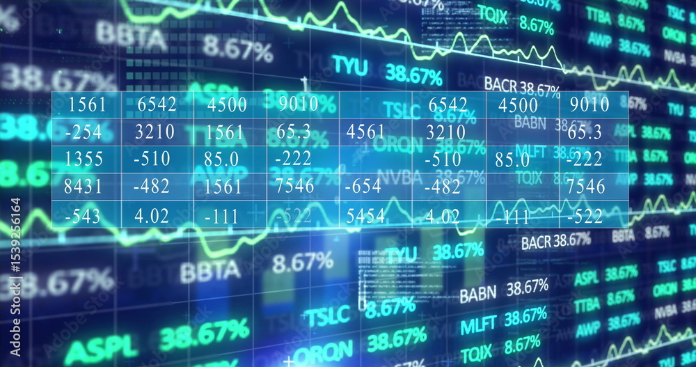 Poster displaying translucent numeric data grid on screen showing line charts and tickers with percentages