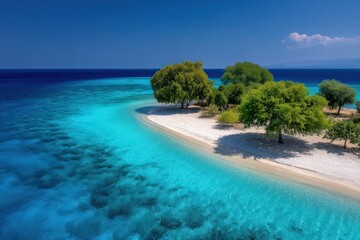 Fototapeta premium Aerial view of a tropical paradise showcasing crystal clear turquoise waters, sandy beach, lush greenery, and calm serene atmosphere ideal for vacation and relaxation in nature's beauty