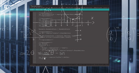 Displaying dark terminal window processing code and graph in data center, with racks and formulas