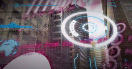 Hovering circular interface projecting equations over skyscraper at urban centre, with grid overlay © vectorfusionart