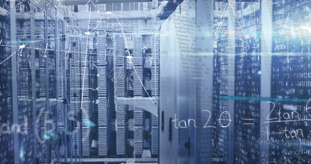 Glowing server racks emitting blue light in data center, with network cables and code overlays