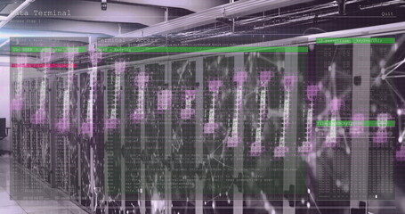 Displaying code overlay across server racks lining data center aisle, with glowing status lights
