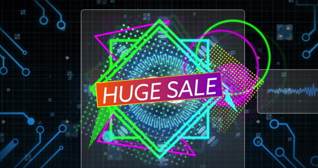 Displaying central 'HUGE SALE' banner overlaying digital grid with circuit lines, with neon shapes