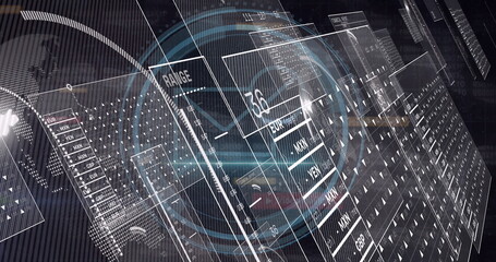 Floating translucent 3D panels in digital visualization space, showing currency code readouts