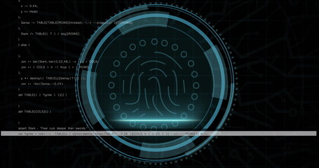 Displaying biometric fingerprint graphic on terminal screen, with concentric HUD arcs and code