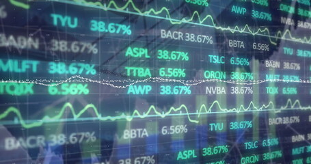 Displaying transparent stock screen at trading floor, with tickers, percentages, charts, gridlines