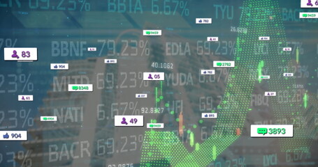 Showing green uptrend arrow grid signaling bullish trend over city skyline, with candlestick data