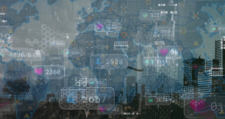 Displaying digital interface overlay over city skyline at dusk, with world map and data icons