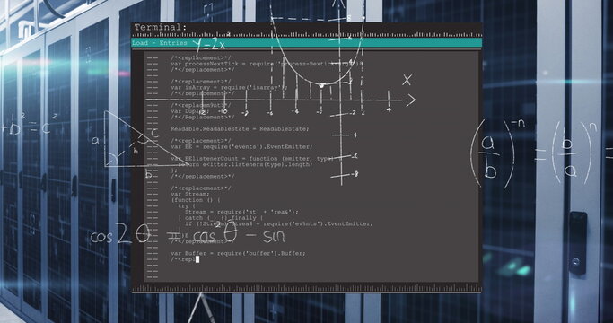 Displaying dark terminal window processing code and graph in data center, with racks and formulas