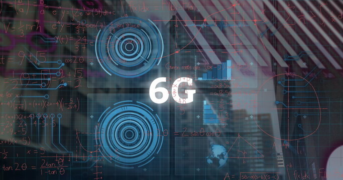 Showing white 6G logo in blurred office with HUD interfaces chart globe formulas and circuits