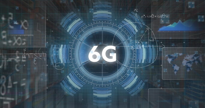 Animating 6G in digital environment showing HUD rings, radial bars, data panels, formulas and grid