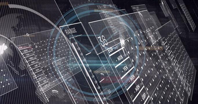 Floating translucent 3D panels in digital visualization space, showing currency code readouts