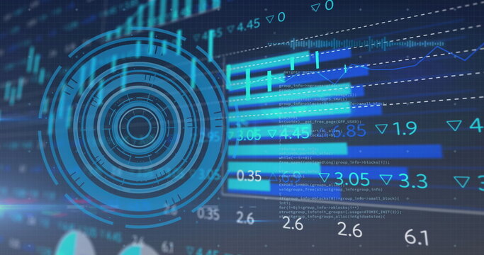 Displaying circular HUD interface graphic over grid backdrop, with bar charts and code overlays - Powered by Adobe