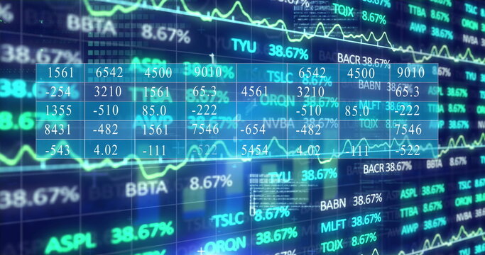 Displaying translucent numeric data grid on screen showing line charts and tickers with percentages