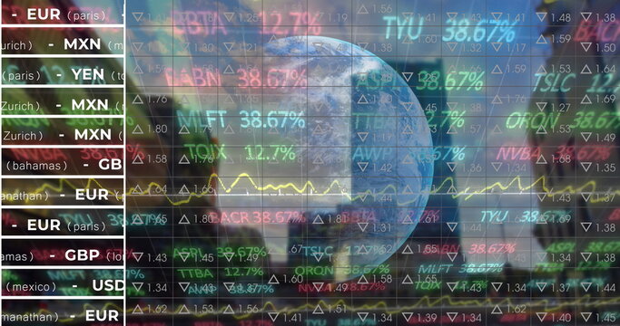 Rotating Earth globe showing currency pairs and tickers with line chart over virtual financial data