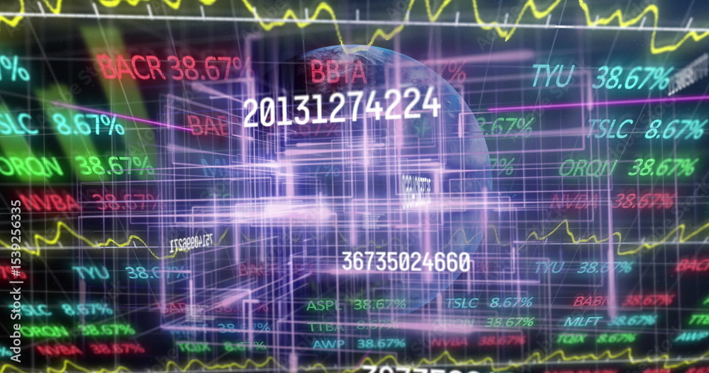 Aufkleber pulsing purple 3d grid tunnel streaming inside virtual data interface with floating ticker symbols