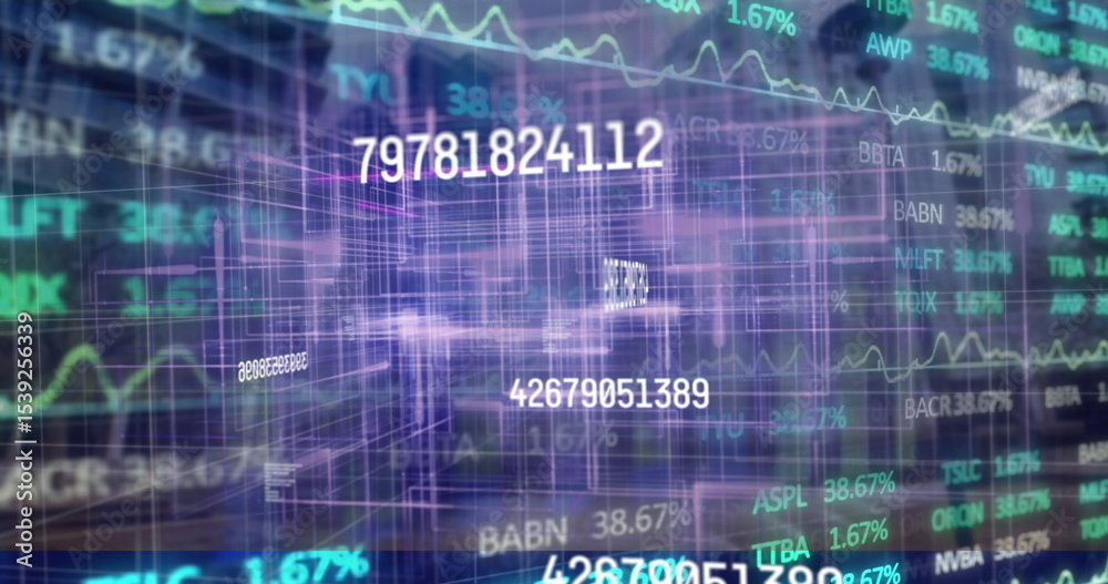 Poster streaming data at trading hub showing floating numbers, stock tickers, chart curves and 3d grid