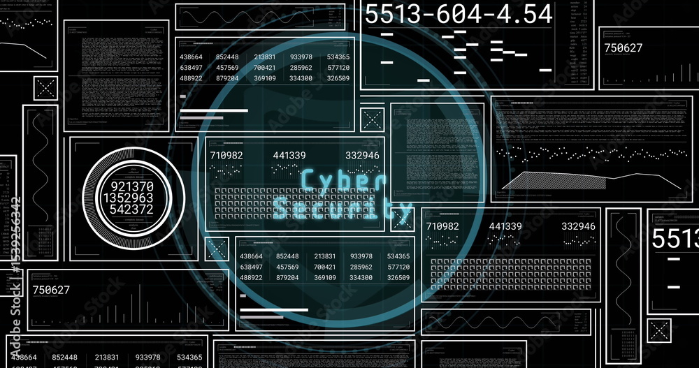 Poster displaying central circular overlay highlighting cyber text on computer dashboard, with data panels