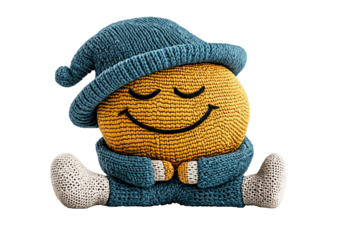 Sleeping Sun Emoji Doll wearing blue knit sweater and hat with white socks or shoes. Copy Space.  Handmade Craft Art. Concept Art, PNG Transparent format photo.