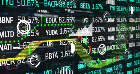 Displaying 3D ribbon line graph arrow across trading dashboard, with ticker symbols