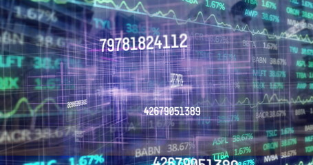 Streaming data at trading hub showing floating numbers, stock tickers, chart curves and 3D grid