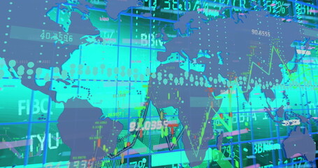 Displaying world map overlaying trading screen, with line charts candlesticks and numeric tickers