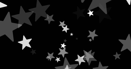 Swirling cluster of gray and white star shapes spiraling through black void, forming cosmic tunnel