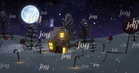 Snow-covered cottage radiating glow in forest under full moon, with candy canes and smoking chimney