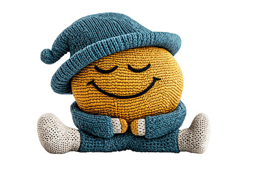 Sleeping Sun Emoji Doll wearing blue knit sweater and hat with white socks or shoes. Copy Space.  Handmade Craft Art. Concept Art, PNG Transparent format photo.